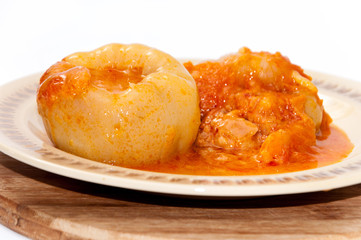 Stuffed paprika with minced meat served on the plate