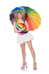 Woman with colorful umbrella on white