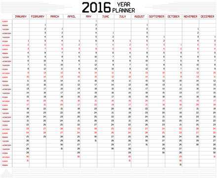 Year 2016 Planner - An annual planner calendar for the year 2016 on white. A custom straight lines thick font is used.