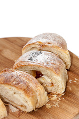 Puff pastry sliced on the wooden board