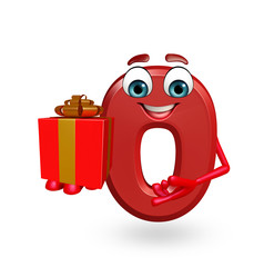 Cartoon character of zero digit with gift box