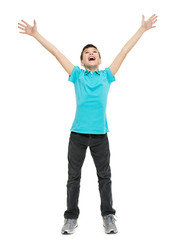 Young happy teen boy with  with raised hands up.  in casuals