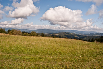 autumn Carpathian mountain landscape with meadow and hills near Malatina village in Slovakia