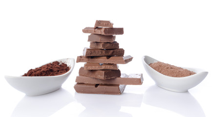 Stack of chocolate squares with cocoa powder