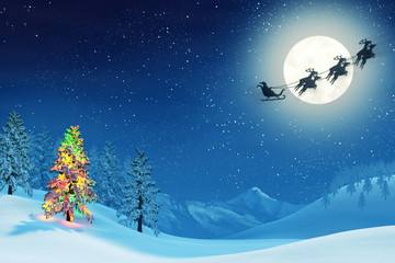 Fototapeta na wymiar Christmas tree and Santa in moonlit winter landscape at night