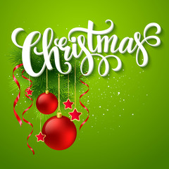 Christmas lettering card with fir-tree branch. Vector