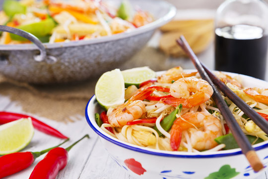Healthy shrimp and vegetables stir-fry in a bowl, brightly lit