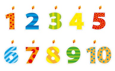 Birthday candles with numebrs 1 ,2 ,3, 4, 5, 6, 7, 8, 9,10