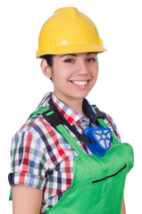 Female worker wearing helmet isolated on white