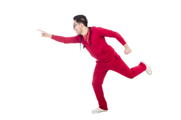 Funny running sportsman isolated on white