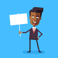 Handsome african american manager holding a poster. Cartoon character - cute businessman with banner. Template for your text. Stock vector illustration in flat design.