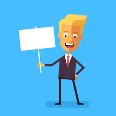 Handsome blond businessman in formal suit holding a poster. Cartoon character - cute scandinavian businessman. Stock vector illustration in flat design.