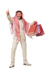 Arab man with shopping bags on white