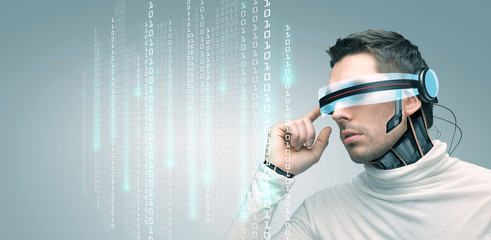 man with futuristic 3d glasses and sensors