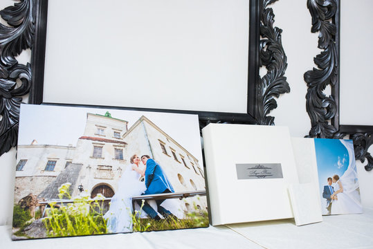 white leather wedding photobook and album with picture