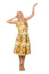 Naklejka premium Pretty girl in yellow floral dress isolated on white