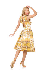 Young woman wearing long summer dress isolated on white