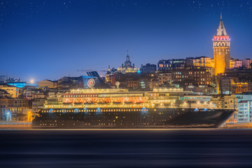 Fototapeta premium Cityscape with Galata Tower, Golden Horn and ferry