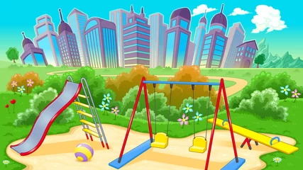 Foto op Canvas View on the playground with city © ddraw