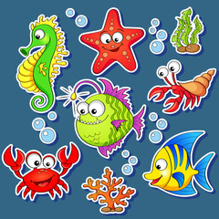 Fototapeta na wymiar Stickers of cute cartoon sea animals