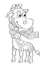 Funny cartoon giraffe with scarf. Black and white vector illustration for coloring book