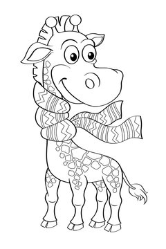 Funny cartoon giraffe with scarf. Black and white vector illustration for coloring book