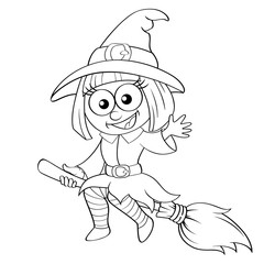Halloween witch flying on broom. Black and white vector illustration for coloring book