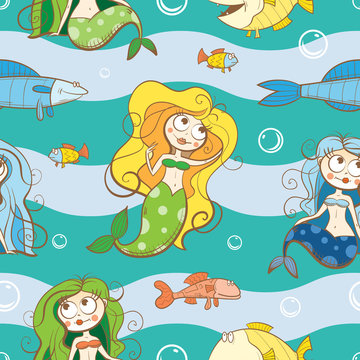 Vector seamless underwater pattern with cartoon mermaids and fishes.
