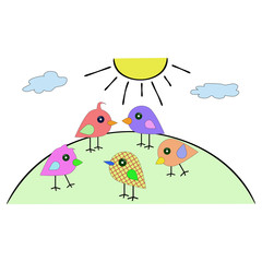 colorful little birds go on the hill in the sun. birds from simple shapes drawn on the nature of a sunny day