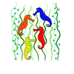 seahorses swim among seaweed and bubbles. a flock of colorful seahorses hiding among sea grass