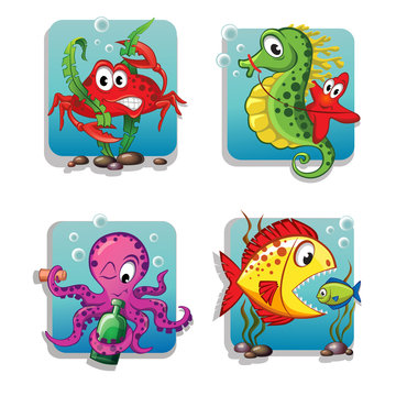 Set of cute cartoon sea animals. Crab, seahorse, starfish, octopus, fishes