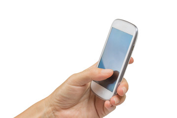 Female hand is holding smart phone isolated