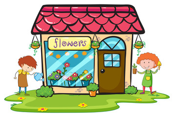 Flower shop with two gardeners working