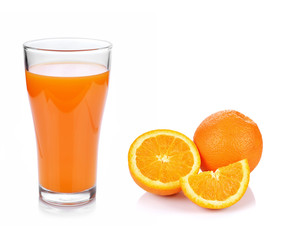 Full glass of orange juice and Orange fruit isolated on white ba