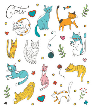 Cute hand drawn cat colorful set