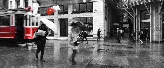 Istanbul red pop on black and white with motion blur