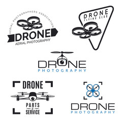 Set of drone logos, badges and design elements. Quadrocopter sto