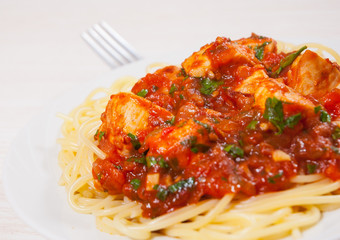 chicken breast in tomato sauce with spaghetti