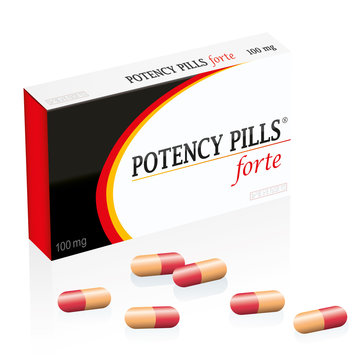 Potency pills box, a medical fake product. Isolated vector illustration over white background. Isolated vector illustration over white background.