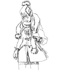 Fototapeta na wymiar Sketch of girl wearing in winter clothes.