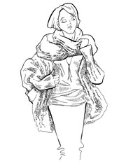 Sketch of girl wearing in winter clothes.