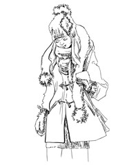 Fototapeta na wymiar Sketch of girl wearing in winter clothes.