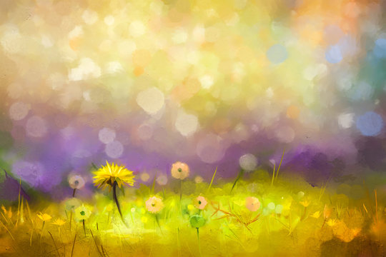 Oil painting nature grass flowers. Hand paint close up yellow dandelions, pastel floral and shallow depth of field. Blurred nature background.Spring flowers background with bokeh