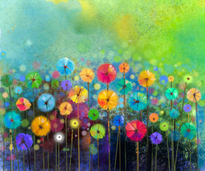 Fototapeta premium Abstract floral watercolor painting. Hand painted Yellow and Red flowers in soft color on green color background. Abstract flower paintings in the meadows. Spring flower seasonal nature background