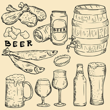 Vector linear drawing. Beer, beer snack, beer ware.
