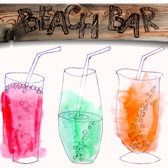 watercolor and liner painted colorful beverages