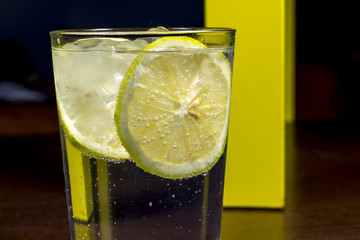 Detail view of gin and tonic glass with several lemon slices