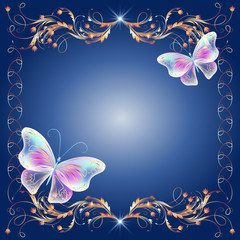 Fototapeta na wymiar Golden frame with transparent butterflies