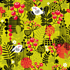 Seamless pattern with bird in the forest.