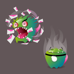 Angry and happy monster with mail in the air